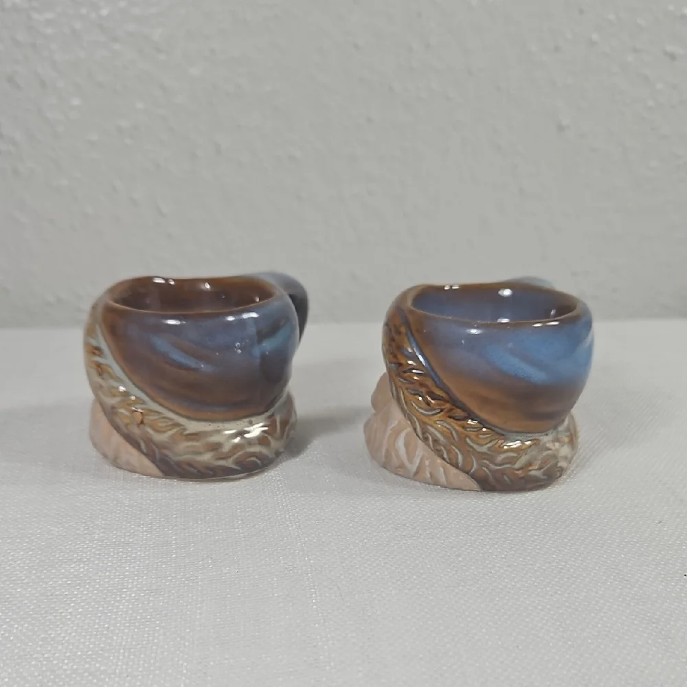 NWT Set of 2 Bohemian Brown Cream & Blue Santa Claus Ceramic Tea Light Holders